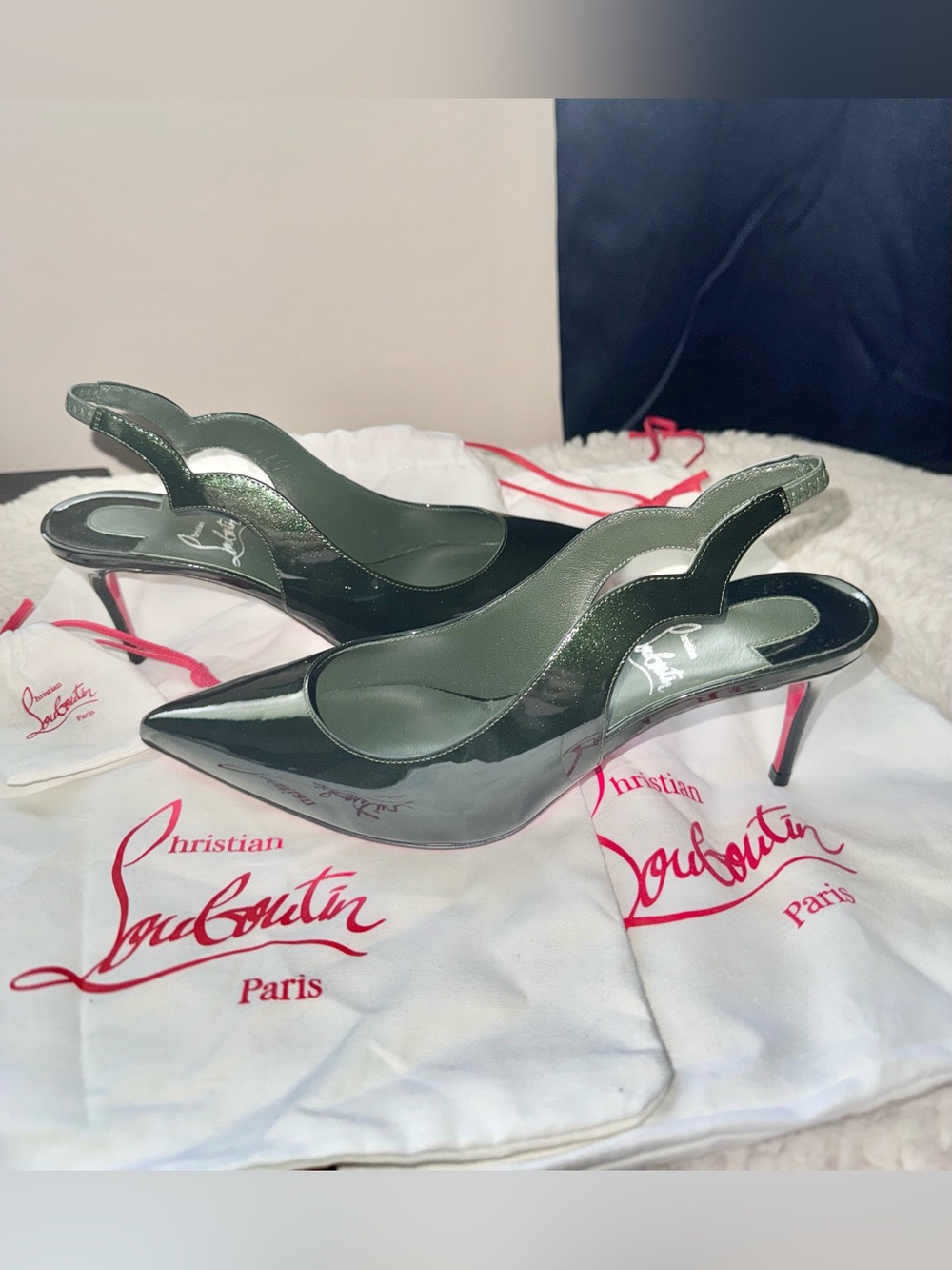 Christian Louboutin Hot Chick Slingback Pumps Dark Green Leather Size 6 US